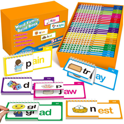 Phonics Flash Cards Word Family Build Book,Learn to Read 30 Read and Rhyme Flip Books,Sight Words Flash Cards Kindergarten Phonics Flip Books for Kids Classroom Homeschool Preschool Learning Activity