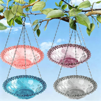 4 Pack Hanging Bird Baths Bowl Outdoor Bird Feeder 15.7 Inch Metal Chains, Weather-Resistant Hanging Bird Feeder & Bath Tray for Garden, Patio, Backyard Wildlife Decor (4Pcs Color)