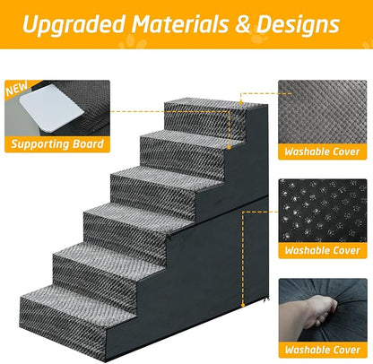 28" H Dog Stairs for Small and Medium Dogs 6-Step Ramps for High Beds and Couch Non-Slip Extra Wide Pet Stairs for Old Dogs and Puppy and Cat - Stable & Durable with Machine Washable Cover Indoor