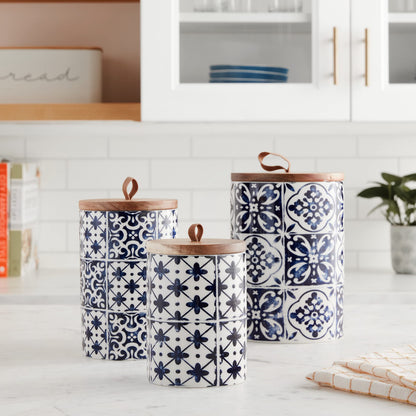 American Atelier Ceramic Canister Set 3-Piece Ceramic Jars in Chic Design With Lids for Cookies, Candy, Coffee, Flour, Sugar, Rice, Pasta, Cereal & More Blue