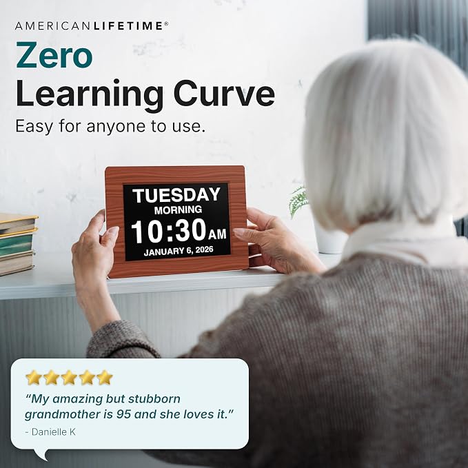 American Lifetime New 2026 Dementia Clock Large Digital Clock for Seniors, Alzeimer Clock Large Display with Custom Alarms, Clock with Day & Date for Elderly, Digital Calendar Premium Brown Wood 12"