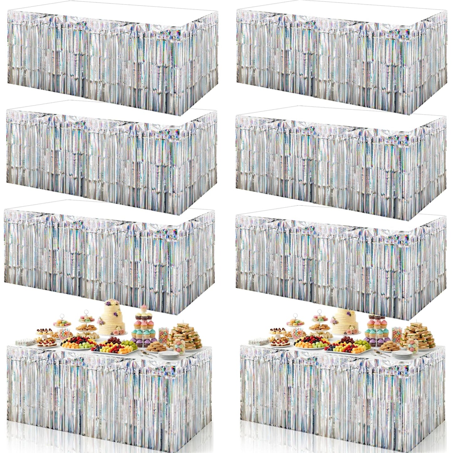 Yopay 8 Pack Iridescent Fringe Table Skirt, 108" X 29" Silver Tassle Banner for Mardi Gras, Bridal Shower, Wedding, Self-adhesive Disposable Table Cover Party Decoration