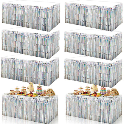 Yopay 8 Pack Iridescent Fringe Table Skirt, 108" X 29" Silver Tassle Banner for Mardi Gras, Bridal Shower, Wedding, Self-adhesive Disposable Table Cover Party Decoration