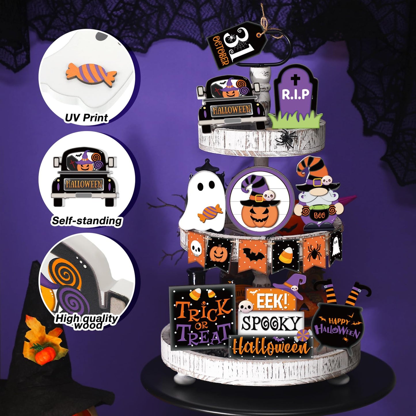 Umigy 15 Pcs Halloween Tiered Tray Decor Set Cute Ghost Tray Decorations Boo Halloween Wooden Signs Farmhouse Rustic Decoration for Home Table Party Supplies(Pumpkin)