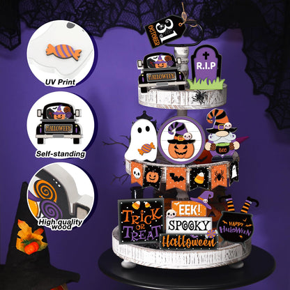 Umigy 15 Pcs Halloween Tiered Tray Decor Set Cute Ghost Tray Decorations Boo Halloween Wooden Signs Farmhouse Rustic Decoration for Home Table Party Supplies(Pumpkin)