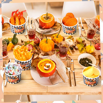 Sabary 60 Pieces 9 oz Fall Disposable Paper Bowls Thanksgiving Treat Snack Cups Pumpkin Paper Candy Dessert Bowls Buffalo Plaid Soup Cups Harvest Thanksgiving Party Supplies for Hot Cold Food