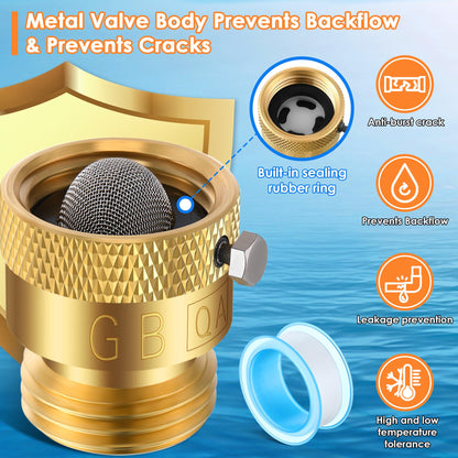 Gulfmew Drip Irrigation Faucet Adapter 25 PSI, 1/4" Tubing Quick Connect to 3/4" Garden Hose with Backflow Preventer, Filter, Plumbers Tape, Pressure Regulator, Copper Drip Irrigation System Fittings