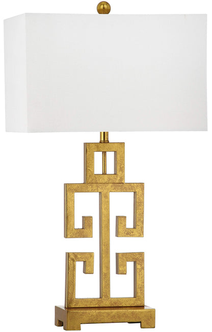 SAFAVIEH Lighting Collection – Greek Key Table Lamp – Antique Gold Metal Base with White Fabric Shade, LED Bulb Included, 29-Inch Bedroom Living Room Desk Lamps (LITS4305A)