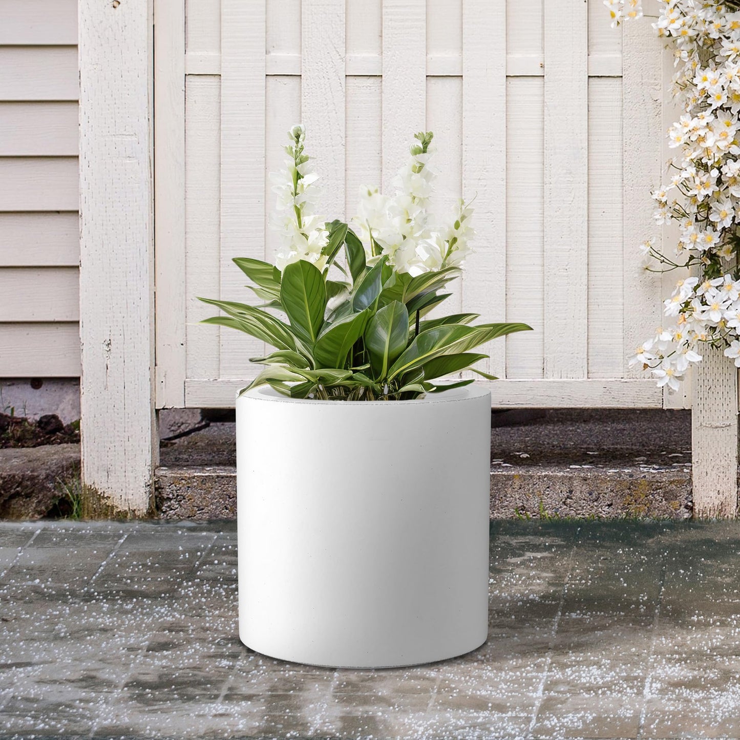 Kante 12.6" Dia Round Concrete Planter, Modern Style Large Cylindrical Plant Pot with Drainage Hole and Rubber Plug for Indoor Outdoor Patio, Pure White