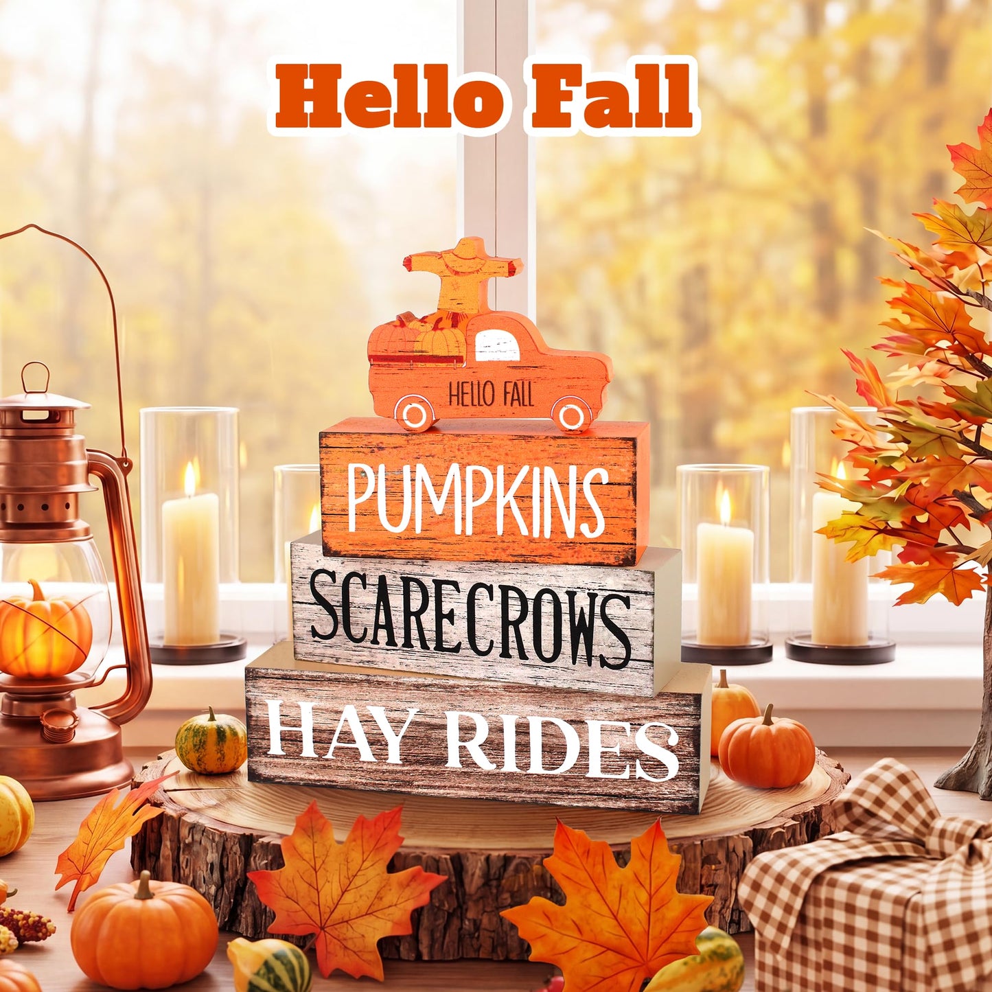 4 Pcs Fall Decor Wooden Tiered Tray Decor, Pumpkins Car Autumn Decorations Gifts for Home, Thanksgiving Table Centerpiece for Autumn Harvest Party Kitchen