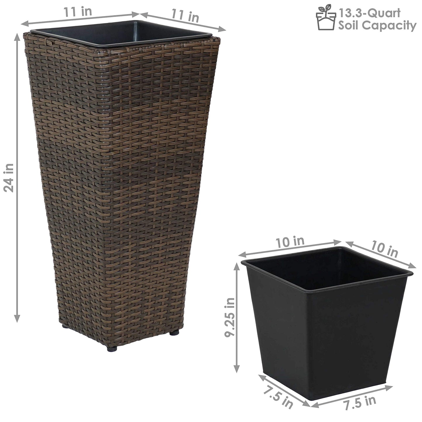 Sunnydaze Square Tall Wicker Outdoor Planter Set of 2 - Polyrattan Large Outdoor Planters for Porch, Patio or Garden - 24" Tall Plant Pots - Brown
