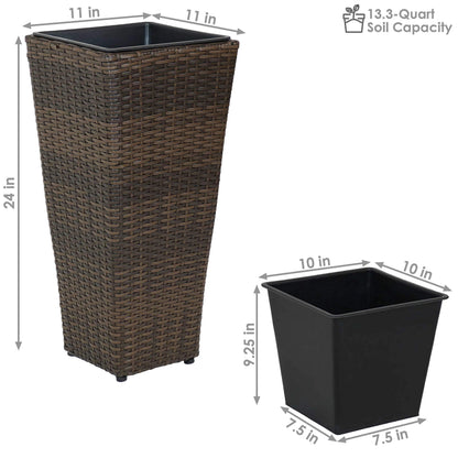 Sunnydaze Square Tall Wicker Outdoor Planter Set of 2 - Polyrattan Large Outdoor Planters for Porch, Patio or Garden - 24" Tall Plant Pots - Brown