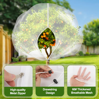 4-Pack 12x10FT Fruit Tree Netting Bags, Bird Netting Safeguard Apple Trees and Blueberry Bushes from Birds, Pest and Deer, Cicadas Netting Cover with Zipper and Drawstring
