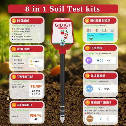Soil pH Meter Smart Soil Moisture Meter with App Control Digital Soil Test Kit for Plants pH Sunlight Intensity Fertility pH EC Salt Soil Thermometer Humidity Moisture Meter for Garden Lawn Farming