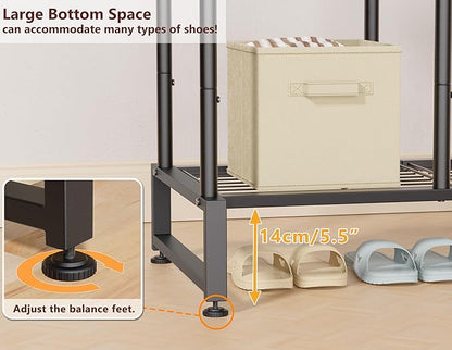 Double Rods Clothes Rack Clothing Rack with 4 Tier Storage Shelves Clothes Rack for Hanging Clothes Multifunctional Heavy Duty Clothes Organizer with Hooks for Bedroom,Wardrobe Closet,Shop,Black