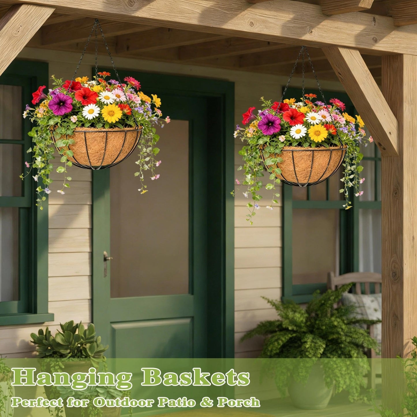 Qusuxi 4 Pack 14 Inch Hanging Baskets for Plants Outdoor Metal Hanging Planter Hanging Flower Baskets with Coco Fiber Liners Chain Round Wire Plant Holder Hanging Flower Pots(Watermelon)