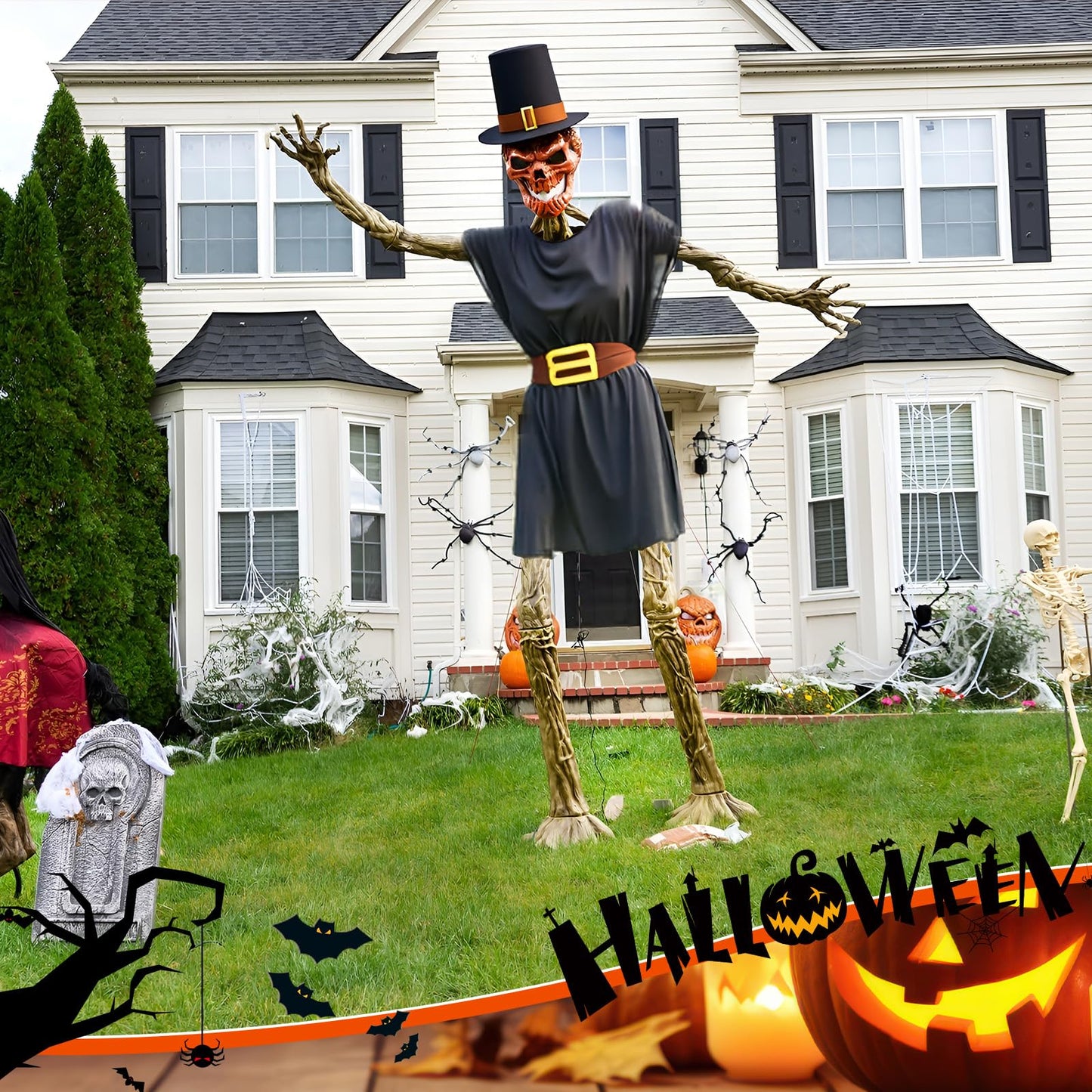 Tarpop 2Pcs Halloween 12 ft Skeleton Outfit Set Giant Skeleton Pilgrim Costume Includes Black Jazz Hat Pilgrim Jacket for Halloween Thanksgiving Outdoor Yard House Prop Decorations