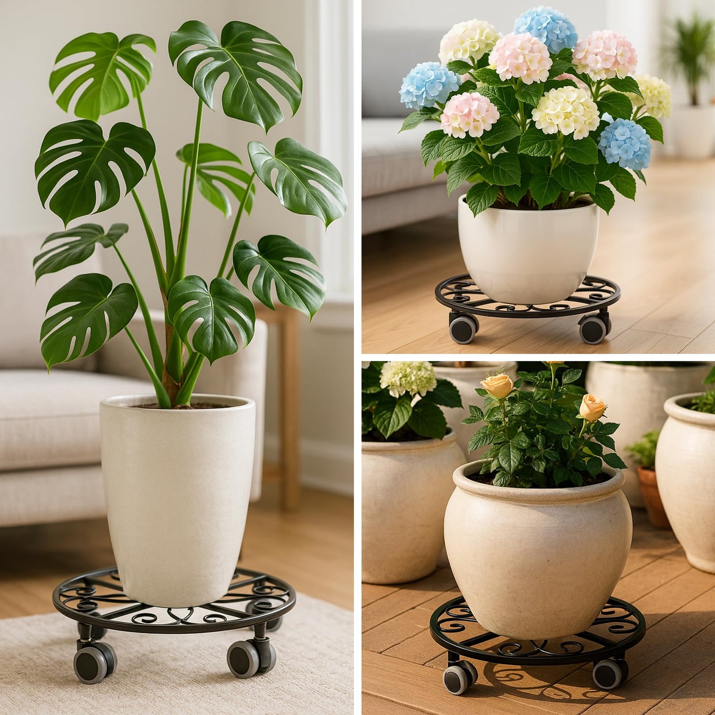 3 Pack Plant Caddy with Wheels Heavy Duty 13.5 Inches Metal Plant Stand with Wheels Plant Dolly Rolling Plant Stand Plant Roller with Casters for Indoor and Outdoor, Black