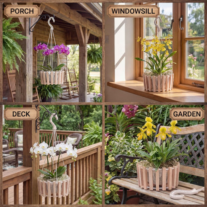 Yiyiring 2 Pcs Hanging Orchid Pots with Holes, Wooden Orchid Planter with Hangers, 8 & 10 Inch Rustic Specialist Pots for Vanda Oncidium Cattleya, Solid Beech Wood Slatted Basket
