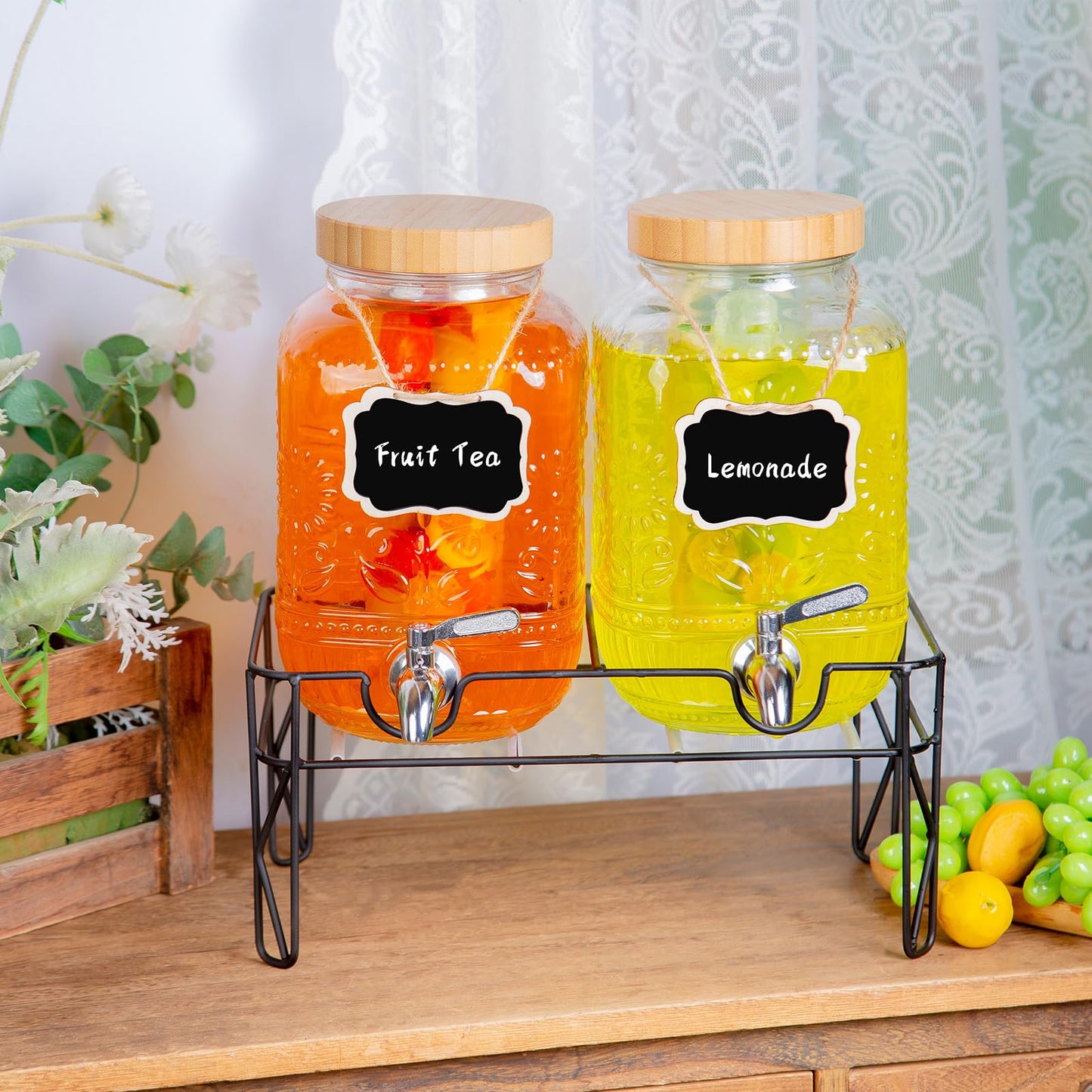 2-Pack1Gallon Glass Drink Dispensers for Parties,Beverage Dispenser with Stainless Steel Leakproof Spigot/Stand/Bamboo Lids/Fruit Infuser/Chalkboard Labels.for Lemonade & Iced Tea,Party Drinks