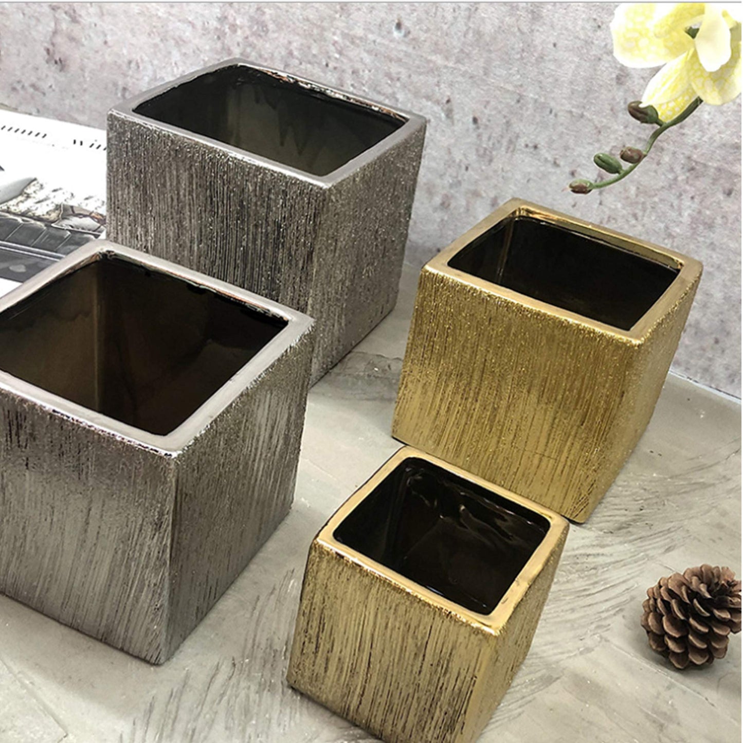 WGV Ceramic Cube Vase Width 4" Height 4" (Fits 3" Pot) Elegant Modern Block Square Floral Planter Terrarium Container Table Dresser for Event Accent Home Office Decor Silver Textured 1 Piece