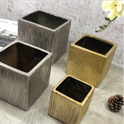 WGV Ceramic Cube Vase Width 4" Height 4" (Fits 3" Pot) Elegant Modern Block Square Floral Planter Terrarium Container Table Dresser for Event Accent Home Office Decor Silver Textured 1 Piece