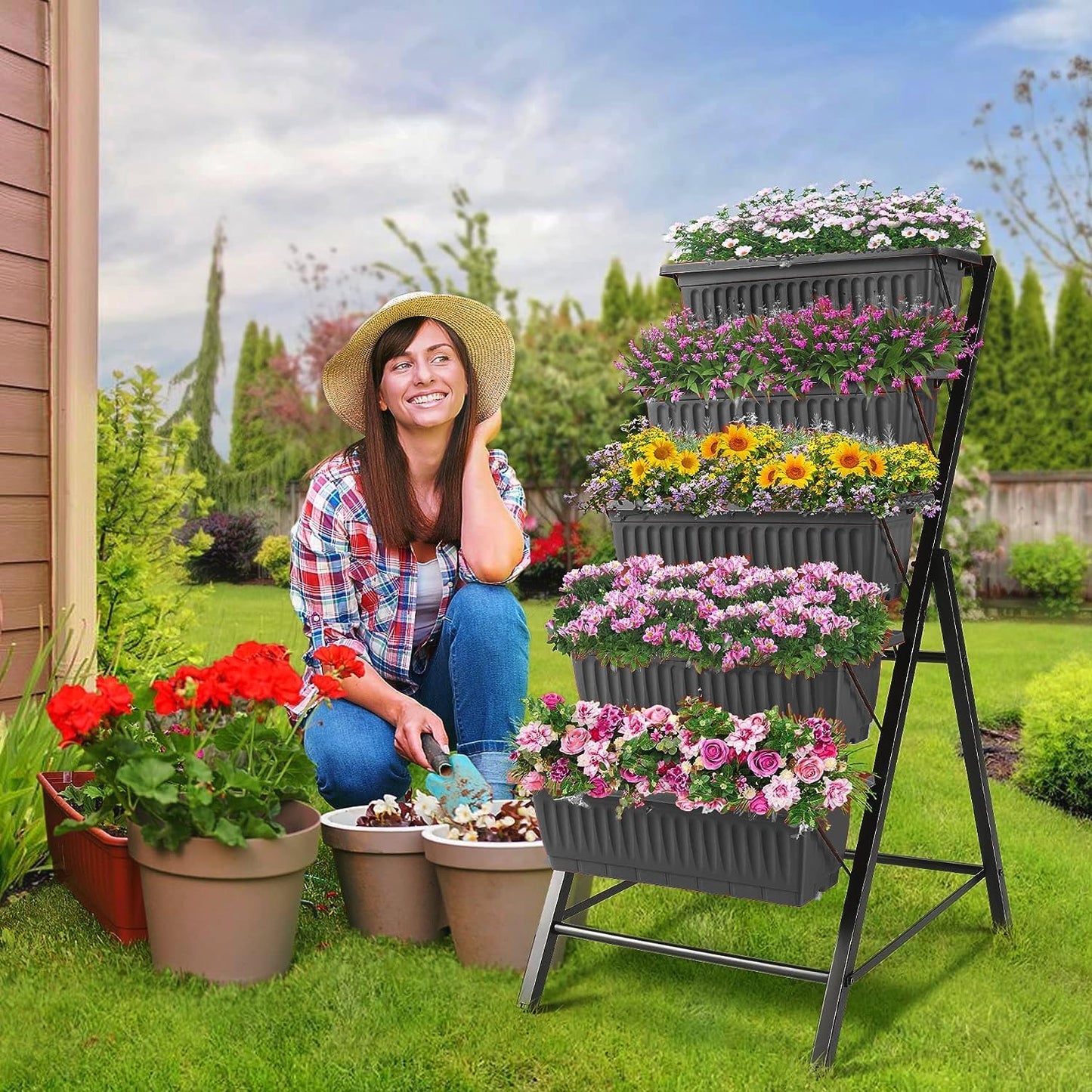 SEJOV 4FT Vertical Raised Garden Bed, 5 Tiers Elevated Planter Box for Herbs Vegetables Flowers, Graden Vertical Planter with Drainage System for Patio Balcony Garden Outdoor Indoor Plants (Black)