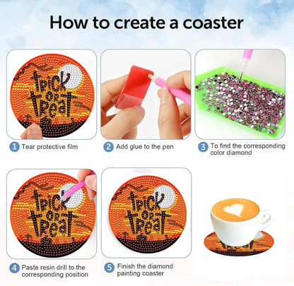 8 pcs 5D DIY Halloween Diamond Art Coasters with Holder for Adults Beginners, Home Office Table Decor,Halloween Diamond Coasters Gifts, Halloween Decorations,Skull Diamond Art Kits (QLBD-01)