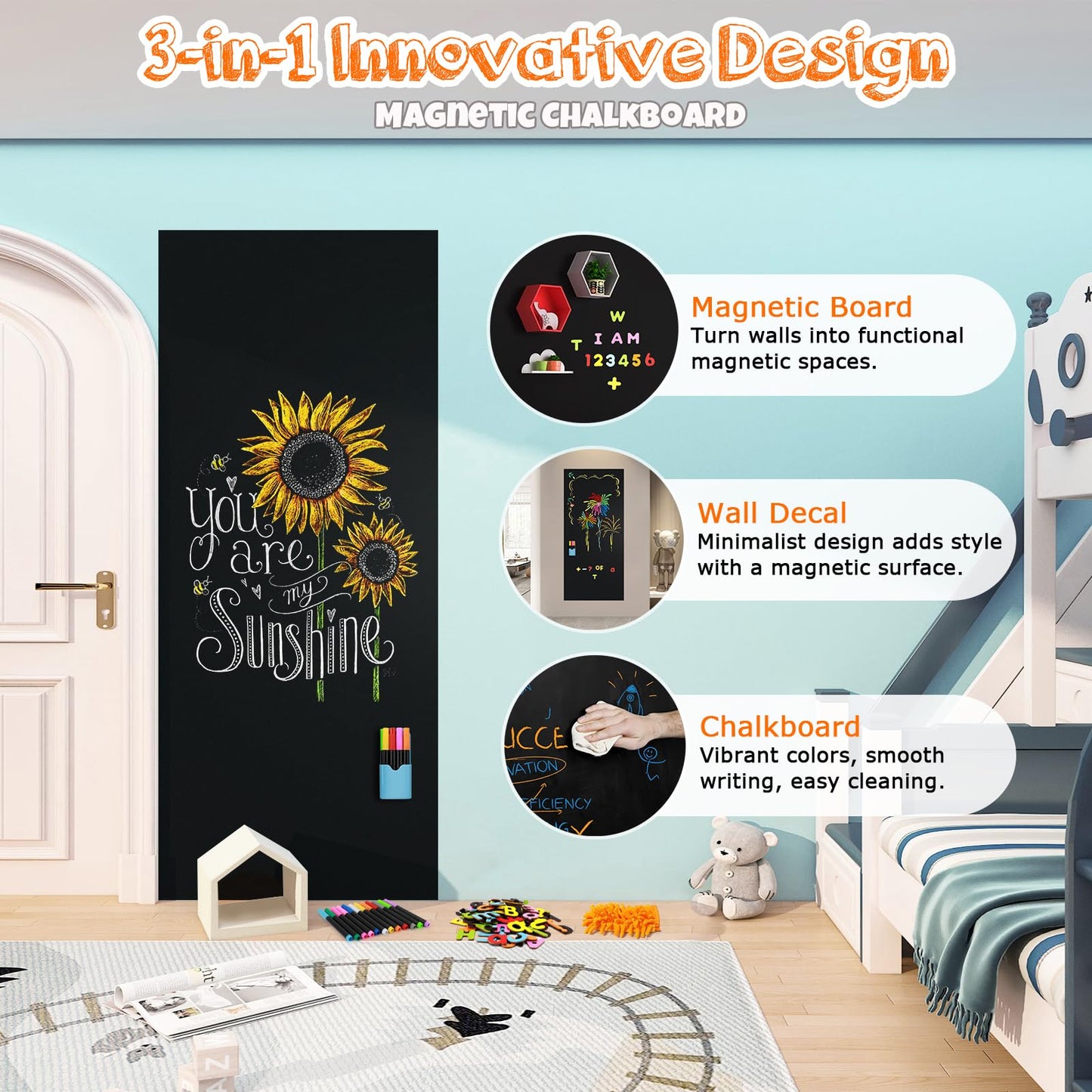 Ykall Magnetic Chalkboard Contact Paper for Wall, 47.2" x 18" 2 Pcs Self-Adhesive Blackboard Wallpaper Peel and Stick Wall with 93 Pcs Kit for Kids, Magnet Wall Sheet with Kit for Home Playroom