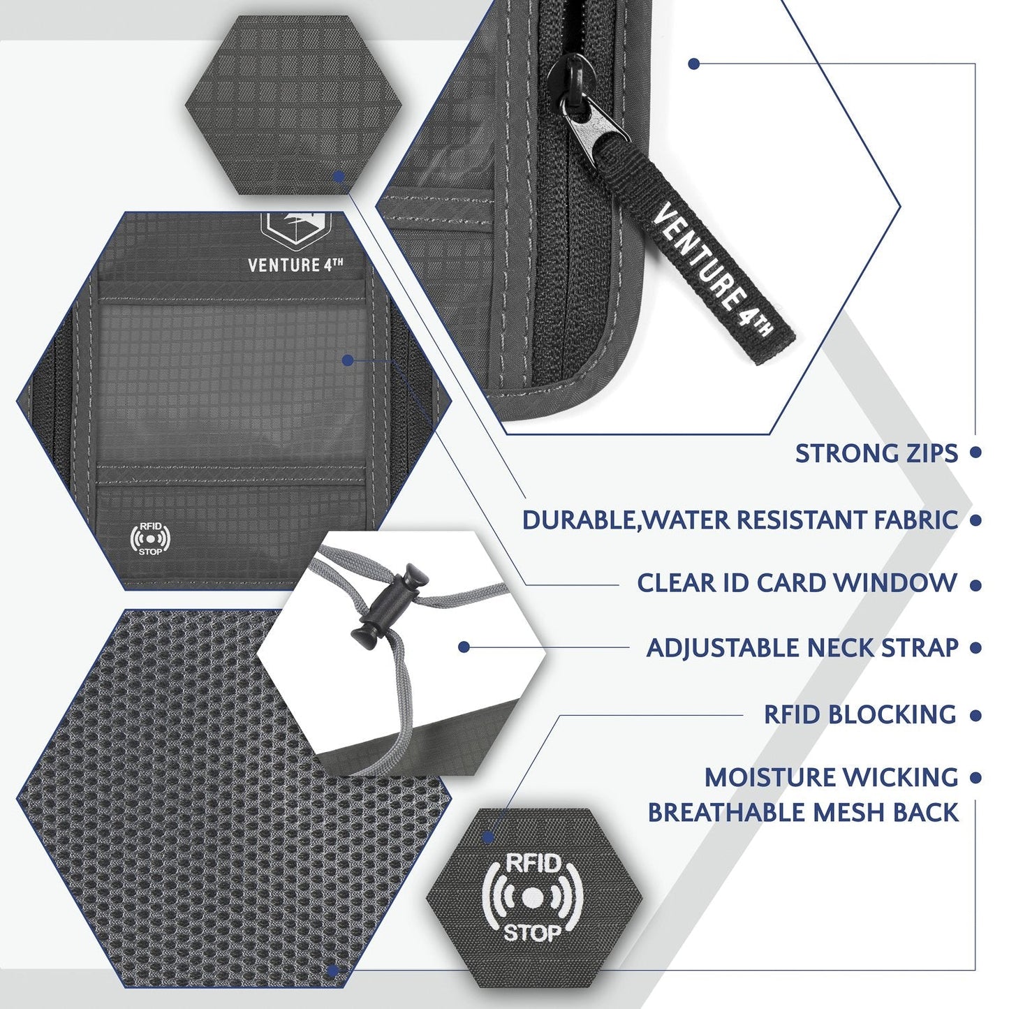 VENTURE 4TH Passport Holder Neck Wallet with RFID Blocking Nylon Lining - Hidden Neck Pouch for Travel (Gray)