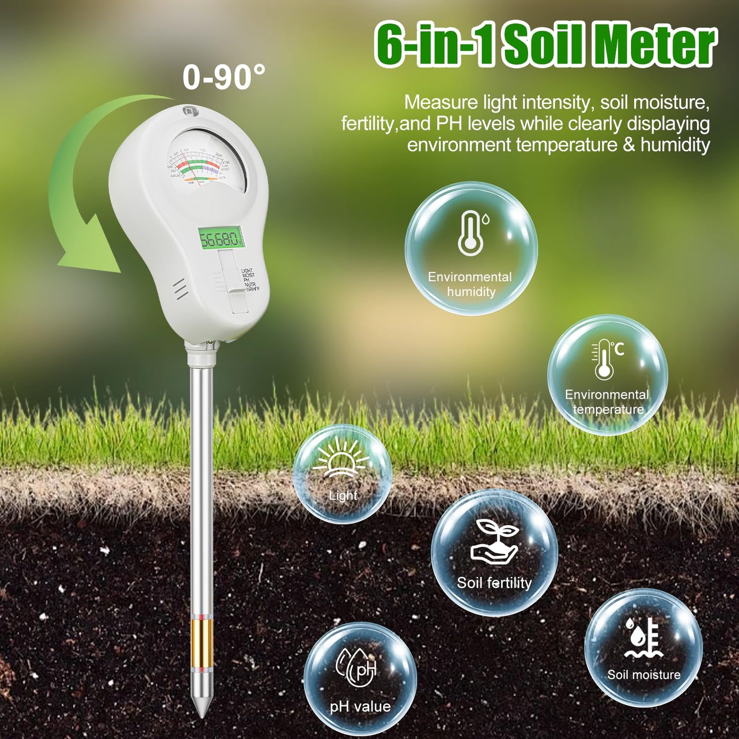 SPECILITE 6-in-1 Soil Tester, Digital Soil Moisture Meter/PH Meter/Sunlight/Temperature/Fertility Monitor with 2 Removable Probe, Dual Screen Soil Test Kit for Gardening, Lawn, Indoor & Outdoor Plant