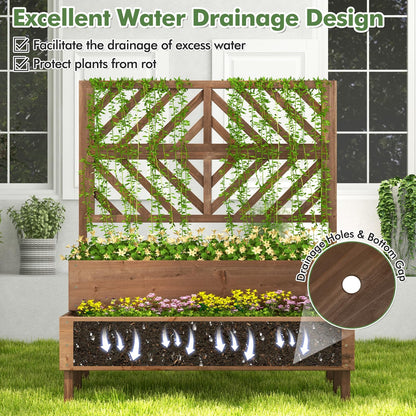 Toolsempire Raised Garden Bed with Trellis & 2 Planter Boxes, 2-Tier Outdoor Wooden Elevated Planter Box with Legs & Drainage Holes, Gardening Planters for Flowers, Herbs, Vegetables & Fruits(Brown)