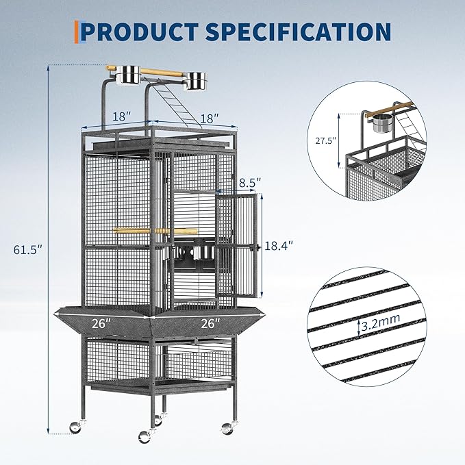 61 Inch Large Bird Flight Cage Rolling Parrot Cage with Storage Shelf for Mid-Sized Birds, Macaw Cockatiels Conures Parakeets Budgie Finch