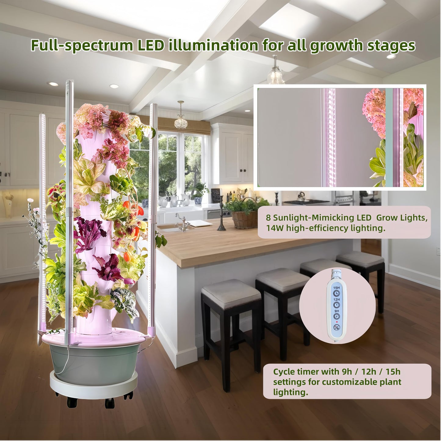 Hydroponics Growing System Kit with LED Grow Lights,8-Layer Vertical Garden Tower, 32 Pods Large Planting Sites, 8 Gallon Indoor Growing System for Vegetables, Herbs & Tomatoes, Pump&Dual Timer