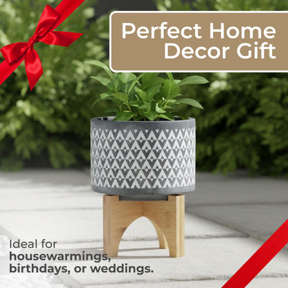Aztec Decorative Planter Pot on Wooden Stand – Ceramic Stoneware Outdoor & Indoor Plant Pot with Gray Geometric Pattern – Modern Garden & Home Decor Ceramic Planters – 6", Gray