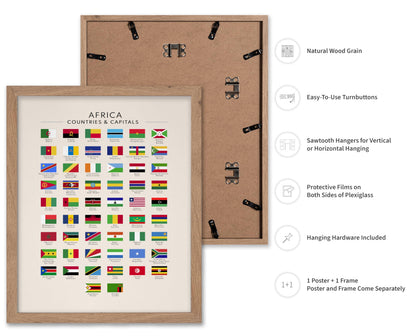 Poster Master Flags of Africa Poster - African Countries & Capitals Print - Learning Materials Art - Flag Art - Gift for Students & Teachers - Decor for Classroom or Library, 11x14 Beige Framed