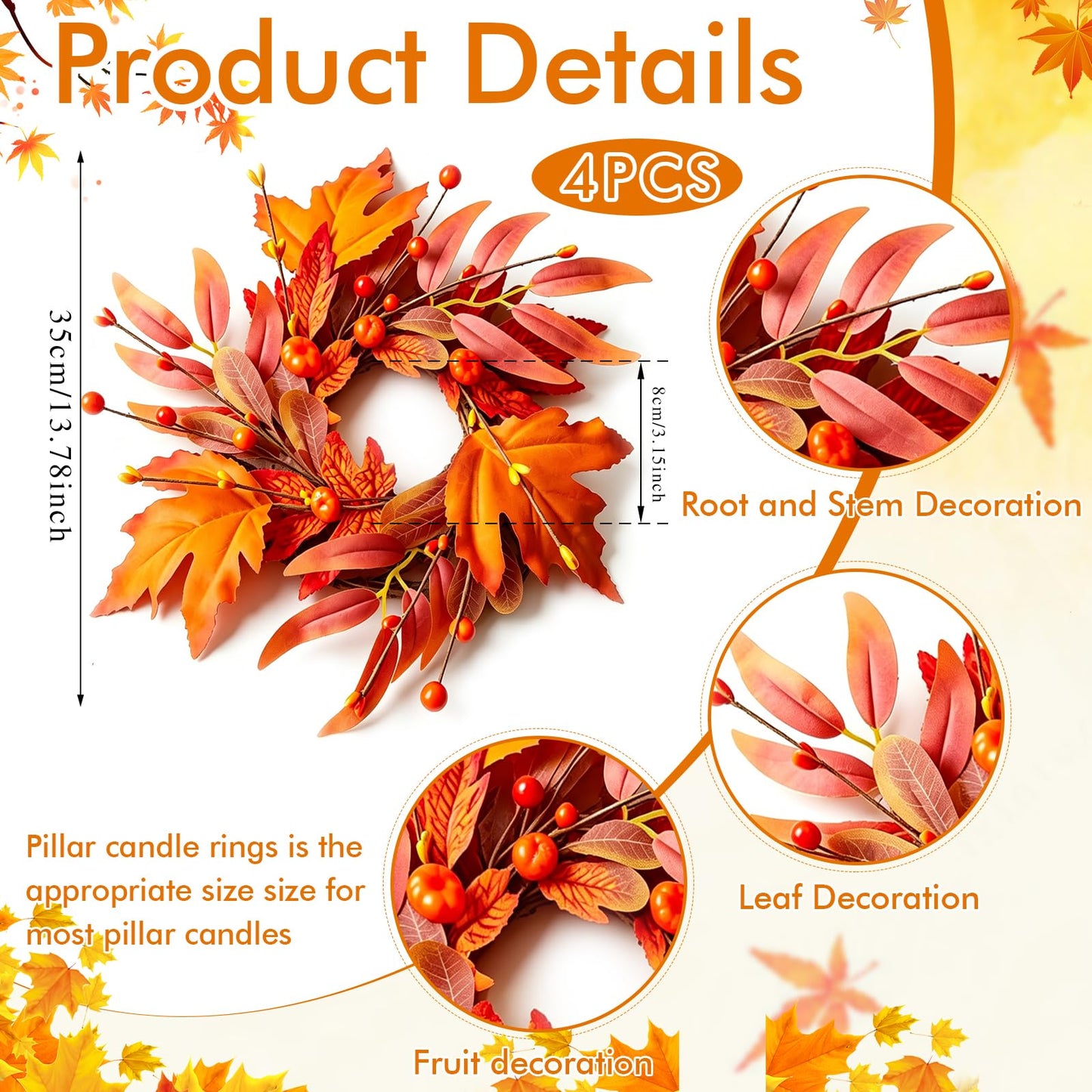4 Pcs Mini Fall Wreaths Thanksgiving Table Centerpieces Fall Candle Rings 9 Inch Maple Leaf Wreaths for Cabinets Farmhouse Autumn Wreath for Front Door Porch Wall Window Decorations