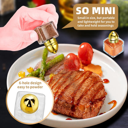 12 Pcs 0.5 oz Cube Shape Small Salt and Pepper Shakers Clear Mini Glass Seasoning Jars Spice Salt Shakers with Funnel and Storage Rack for Wedding Party Restaurant Home Kitchen (Gold)