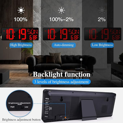 17.2"Large Digital Wall Clock Large Display with Remote Control 180°Visible | Timer with Temperature Date Week Auto DST Adjustable Brightness, for Living Room Classroom Garage Gym Gift for Senior Mom Dad