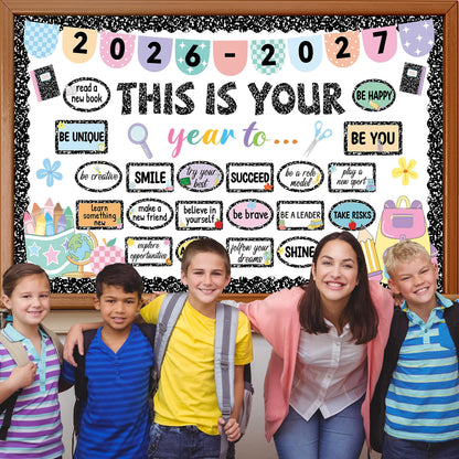 This is Your Year Bulletin Board Set Composition Notebook Classroom Decoration Inspirational Positive Affirmation Cutouts Welcome Back to School Bulletin Board for Office Chalkboard Wall Supplies