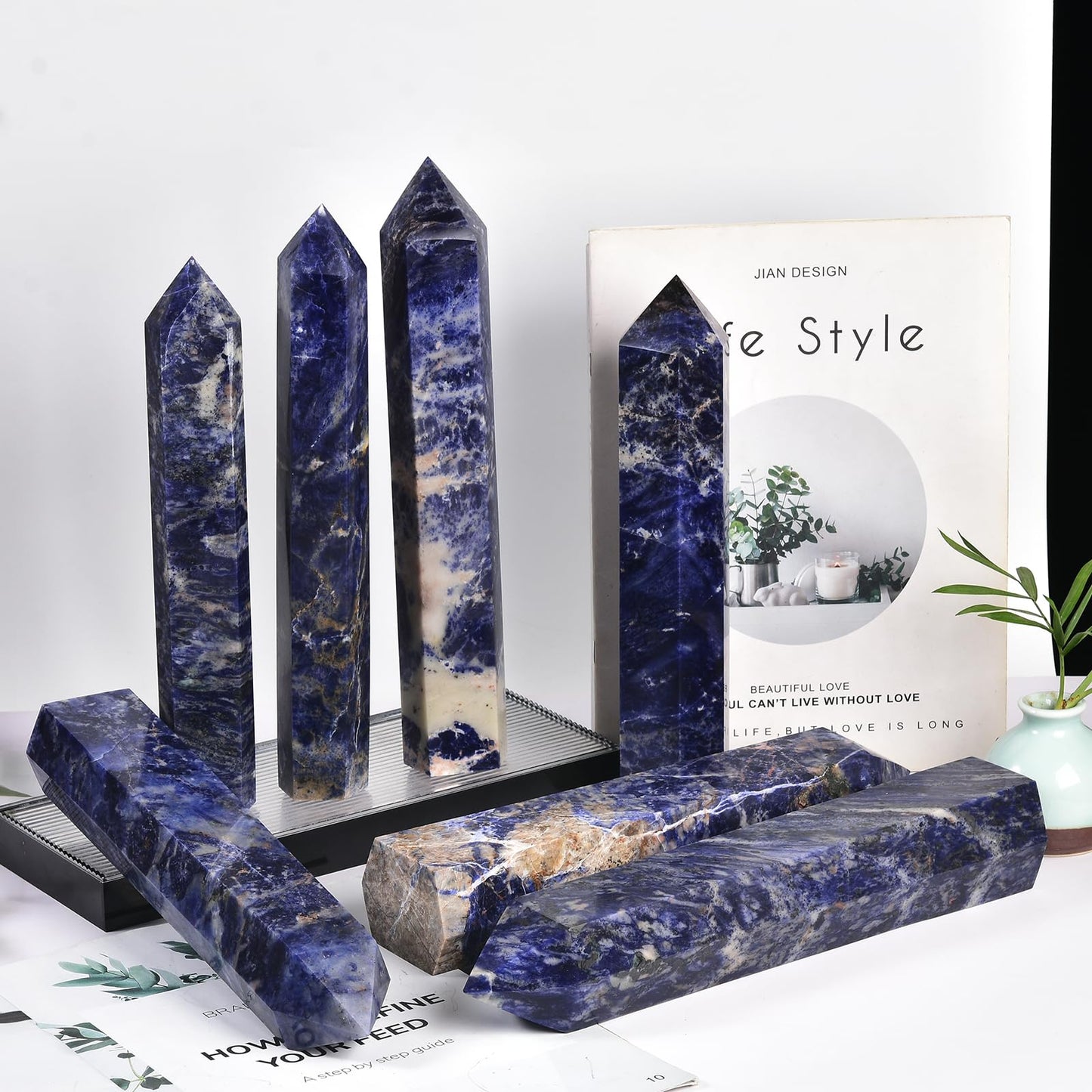JIC Gem Large Blue Sodalite Obelisk Tower Points Healing Crystal Wand 6 Faceted Blue Quartz Crystals Tower Wand Home Decor Reiki Healing 2.6-3.0 Lbs