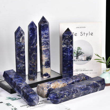 JIC Gem Large Blue Sodalite Obelisk Tower Points Healing Crystal Wand 6 Faceted Blue Quartz Crystals Tower Wand Home Decor Reiki Healing 2.6-3.0 Lbs