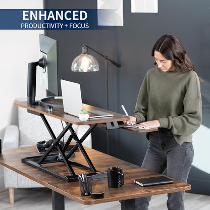 VIVO 42 inch Desk Converter, K Series, Height Adjustable Sit to Stand Riser, Dual Monitor and Laptop Workstation with Wide Keyboard Tray, Rustic Vintage Brown Top, Black Frame, DESK-V042KN