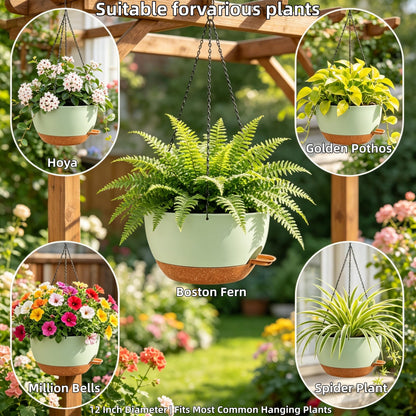 zople 2 Pack 12 Inch Self Watering Hanging Planters for Indoor Plants, Large Green Brown Plastic Hanging Pots with Chains for Outdoor Patio Garden Home Decor Green Brown