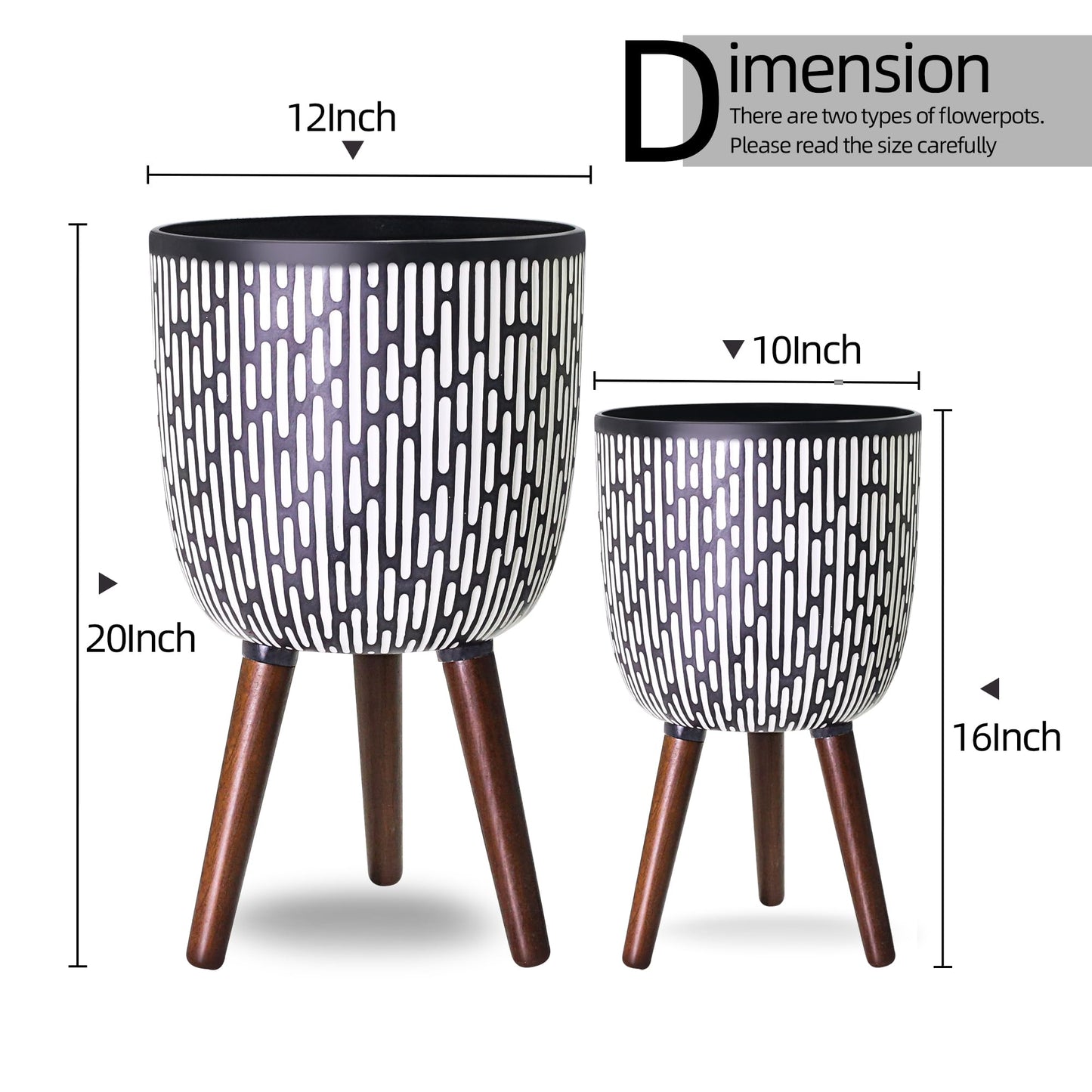 Opnons 2 Set Plant Pot with Stand 10 & 12 inches, Mid-Century Large Planter with Legs for Indoor Plants, Boho Print Standing Plant Pot with Drainage Plug for Monstera, Herb, Succulent Flower Pot