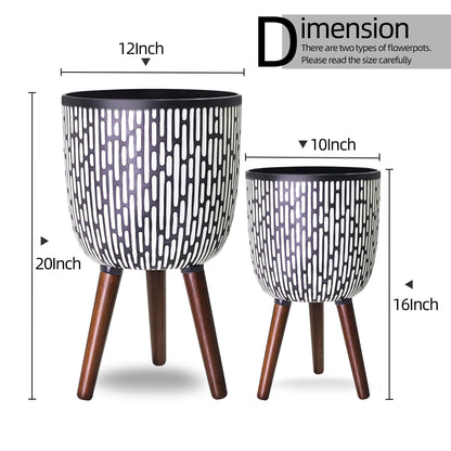 Opnons 2 Set Plant Pot with Stand 10 & 12 inches, Mid-Century Large Planter with Legs for Indoor Plants, Boho Print Standing Plant Pot with Drainage Plug for Monstera, Herb, Succulent Flower Pot
