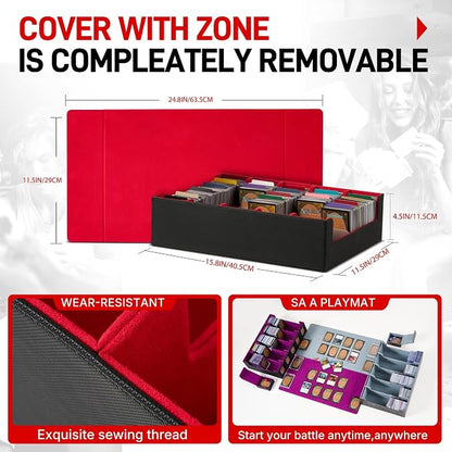 Magnetic Leather Trading Card Storage Box - 5-Row Deck Case Design, 3900+ Capacity for YuGiOh, MTG, TCG and Sports Cards, Includes 24 Colorful Dividers & 5 Card Supports（Black/Red）