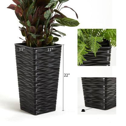 Worth 2 Pack 22" Tall Plastic Square Tapered Planter with Inside Pots for Indoor or Outdoor Use, Modern Wavy Finish for Front Porch or Deck, Black
