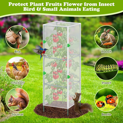 3Pack Garden Bird Netting Plant Cover for Square Tomato Cage,59"x17.7" Insect Bird Barrier Tomato Cage Net with Zipper&12pcs Clips,Tomato Trellis Netting Protection Mesh Cover for Protecting Plants