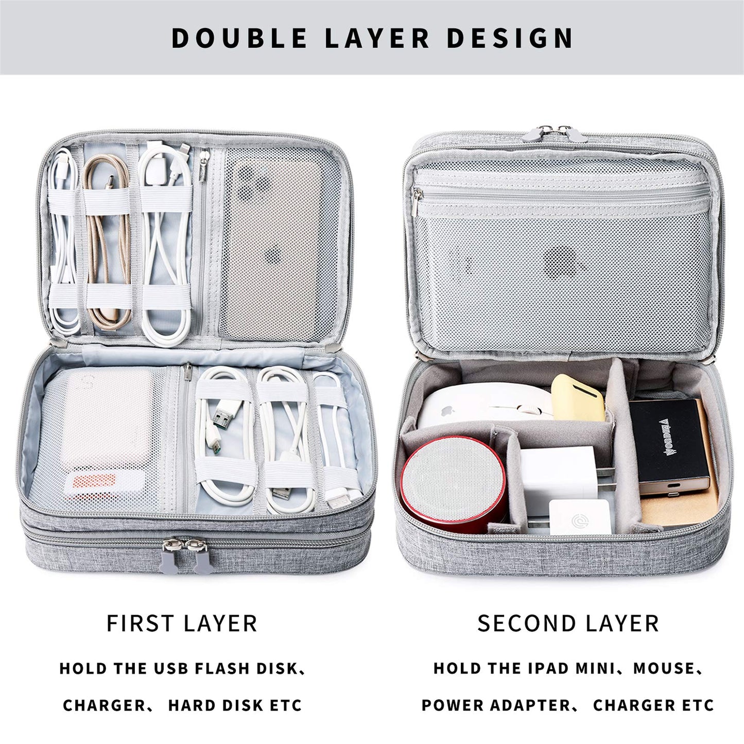 Lanola Travel Cable Organizer Bag, Electronic Accessories Case Portable Double Layer Cable Storage Bag for Cord,phone,Charger, Flash Drive, Phone, SD Card,Personal Items - (Grey)